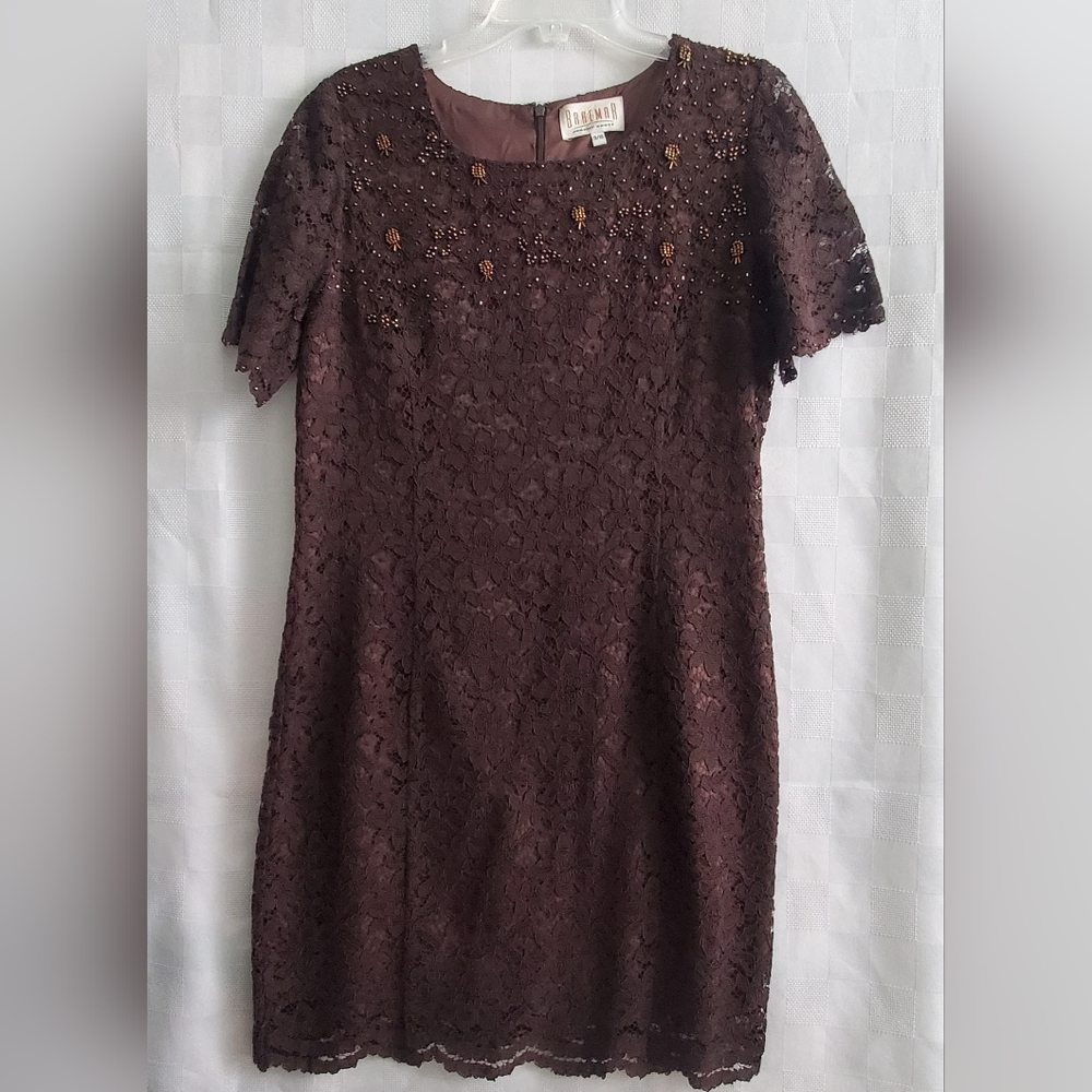 Beaded Brown Lace Knit Dress Formal Wedding Guest Mother of the Bride / Groom